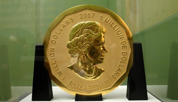 The gold coin ,Big Maple Leaf, on display at Berlin's Bode Museum.
