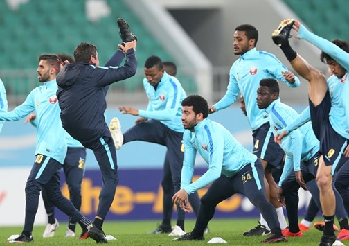 Qatar players train ahead of their World Cup qualifier against Uzbekistan in Tashkent.