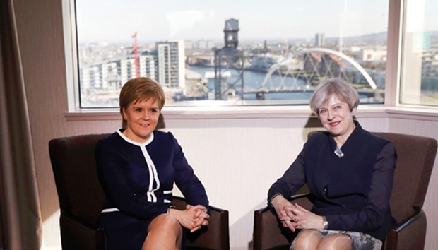 Scotlandu2019s First Minister Nicola Sturgeon and Prime Minister Theresa May meet in a hotel in Glasgow, Scotland, yesterday.