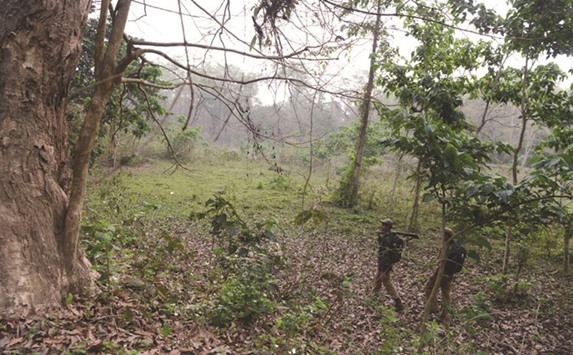 Forestry officials take part in a wild elephant census in the Mahananda Wildlife Sanctuary on the outskirts of Siliguri yesterday. The forest department of the eastern state of West Bengal together with other northeastern states are conducting a wild elephant census between March 27-29, based on dung density and direct sighting method.