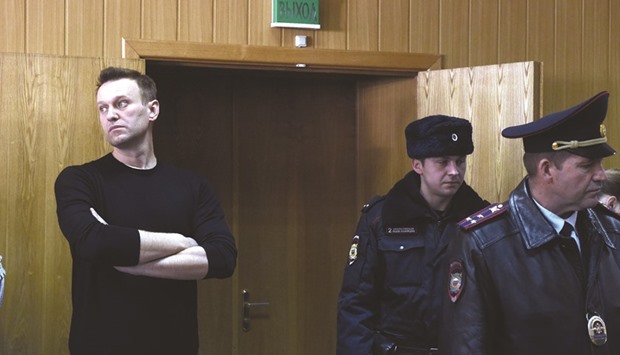 Navalny, who was arrested during Sundayu2019s anti-corruption rally, at the hearing yesterday at a court in Moscow.