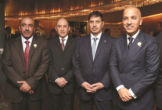 HE Sheikh Abdullah (second right), HE al-Sulaiti (left), HE al-Emadi (right) and al-Baker at the Qatar Airways gala dinner at The Dorchester London.