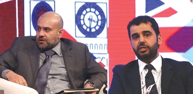 CEO of Qatar Financial Centre Yousef Mohamed al-Jaida speaking at the Qatar-UK Business and Investment Forum in London. Right: CEO of Qatar Development Bank Abdel Aziz al-Nasser al-Khalifa speaking at the Qatar-UK Business and Investment Forum in London.