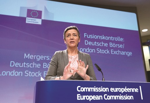 European Competition Commissioner Margrethe Vestager holds a news conference in Brussels yesterday after EU antitrust regulators blocked the proposed merger of Deutsche Boerse and the London Stock Exchange as expected, saying that the deal would have harmed competition because of the companiesu2019 combined market power.