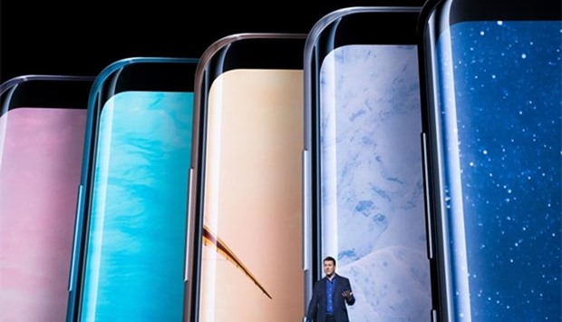 Justin Denison, senior vice president of product strategy at Samsung, speaks about the new features on the Samsung Galaxy S8 during a launch event in New York City on Wednesday.