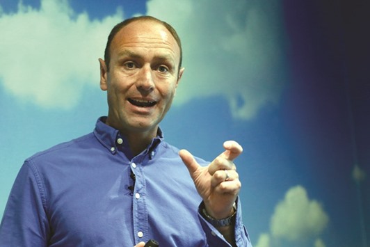 Kenny Jacobs, chief marketing officer of Ryanair Holdings, gestures as he speaks during a news conference at the companyu2019s offices in Dublin. u201cThere is a distinct possibility that there may be no flights between the UK and Europe for a period of time after March 2019,u201d Jacobs said yesterday.