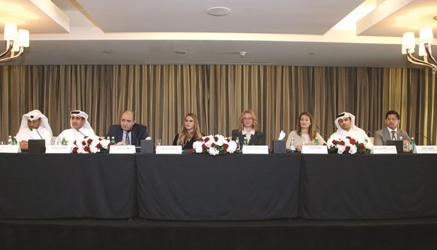 Nicoletta Mantovani (fourth from right), Italian ambassador Guido De Sanctis (third left), Dana Alfardan (fourth left) and others at the announcement of the Brave New World concert yesterday.