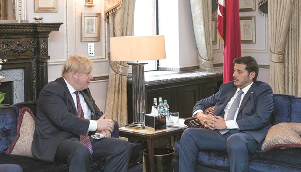 HE the Prime Minister and Minister of Interior Sheikh Abdullah bin Nasser bin Khalifa al-Thani holding talks with UKu2019s Foreign Secretary Boris Johnson.