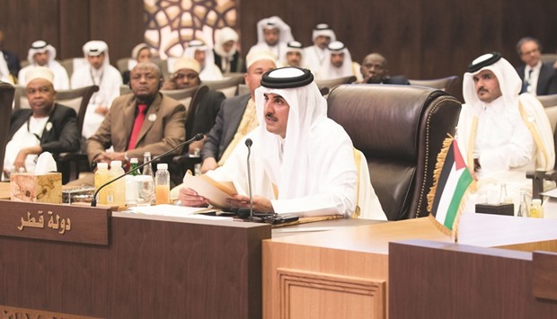 HH the Emir Sheikh Tamim bin Hamad al-Thani addressing the 28th Arab Summit  in the Dead Sea area in Jordan yesterday.