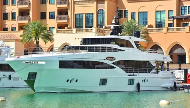 Gulf Craft Majesty 100 superyacht is on display at the Porto Arabia in The Pearl-Qatar.