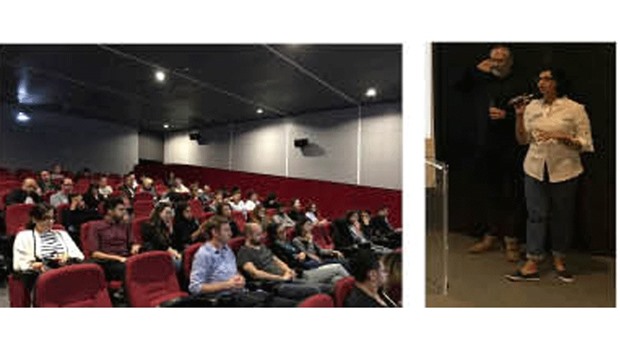 A view of the audience. Right: Thomas Moden and Maysaa Almumin give the public talk.