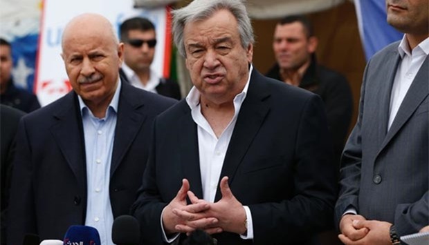 UN Secretary-General Antonio Guterres speaks during his visit to the Hasan Sham Camp, for Iraqis displaced by fighting with jihadists, on Fridayl.