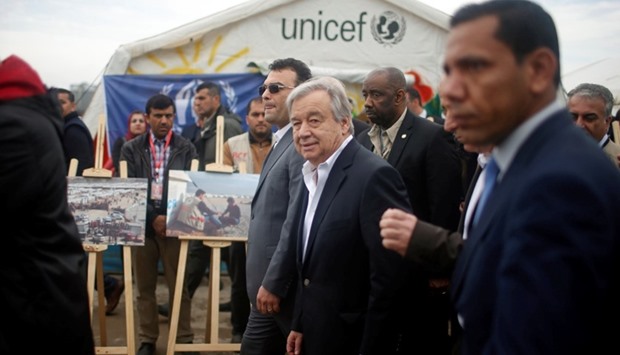 United Nations Secretary General Antonio Guterres visits displaced Iraqis who fled Mosul, at Hasansham camp, in Khazer, Iraq.