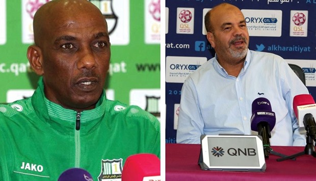 Ahli coach Yusef Adam (left) and Kharaitiyat coach Ahmad al-Ajlani.