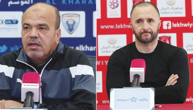 Kharaitiyat coach Ahmed al-Ajlani (left) and Lekhwiya coach Djamel Belmadi during the pre-match press conferences.