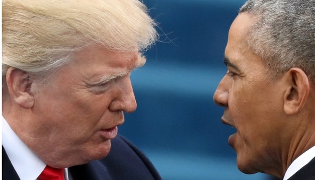 Barack Obama greets Donald Trump at inauguration ceremonies swearing in Trump as president on the West front of the US Capitol in Washington. January 20, 2017, file picture.