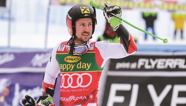 Marcel Hirscher of Austria celebrates after winning the FIS World Cup menu2019s giant slalom race in Kranjska Gora, Slovenia, yesterday. (AFP)