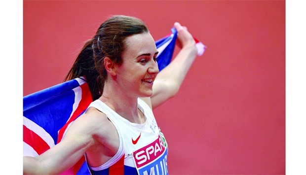Britainu2019s Laura Muir celebrates after winning the womenu2019s 3000m final at the 2017 European Athletics Indoor Championships in Belgrade yesterday. (AFP)