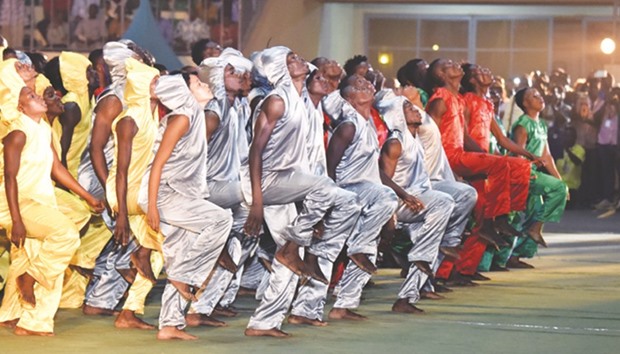 Burkina Fasou2019s dancers perform during the 25th Pan-African Film and Television Festival closing ceremony at the Palais des sports in Ouagadougou on Saturday night.