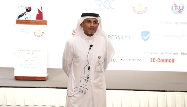 Engineer Khalid al-Hashmi addresses the Fifth Regional Cyber Drill yesterday.