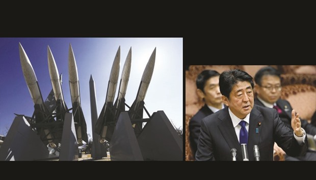 Replicas of a North Korean Scud-B missile and South Korean Hawk surface-to-air missiles are displayed at the Korean War Memorial in Seoul.  RIGHT: Japanese Prime Minister Shinzo Abe said three of the four missiles launched from North Korea landed in Japanese-controlled waters, calling the development a u201cnew stage of threatu201d.