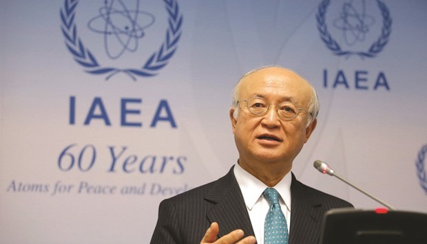International Atomic Energy Agency (IAEA) Director General Yukiya Amano addresses a news conference after a board of governors meeting at the IAEA headquarters in Vienna yesterday.