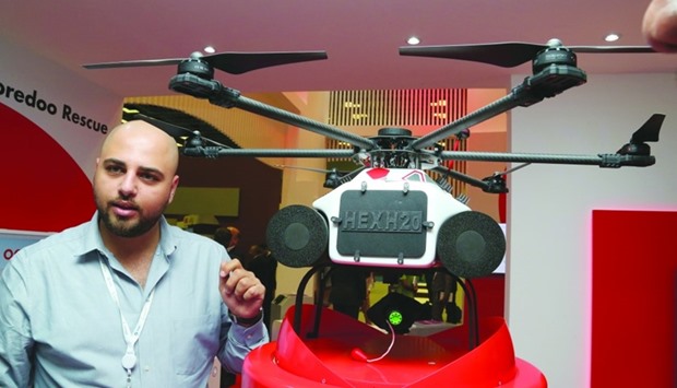 n-GON CEO Amr Abdelhady presents the drone used for the 'Ooredoo Rescue' project during 'Qitcom 2017'. PICTURE: Jayan Orma.