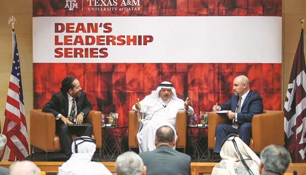 HE Sheikh Faisal bin Qassim al-Thani with Dr Cu00e9sar O Malavu00e9 and associate dean Dr Hassan S Bazzi during the talk.