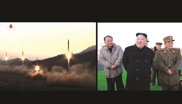 Ballistic missiles being launced during a military drill from an undisclosed location in North Korea.   RIGHT: Kim Jong-un supervising the launching of missiles.