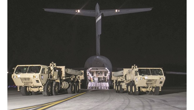The first elements of the US-built Terminal High-Altitude Area Defense  arriving at Osan US Air Base in Pyeongtaek, south of Seoul.