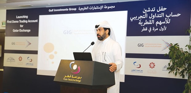Al-Mansoori addressing the gathering at the launch of demo trading account by GIG in Doha yesterday.