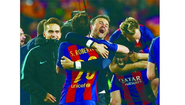 Barcelona coach Luis Enrique celebrates after the dramatic win. (Reuters)