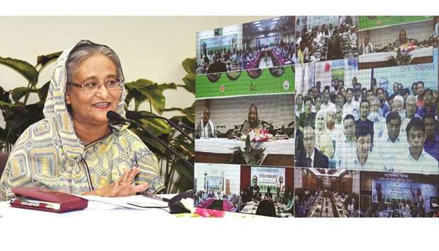 Prime Minister Sheikh Hasina inaugurating a scheme for farmers through videoconferencing in Dhaka yesterday.