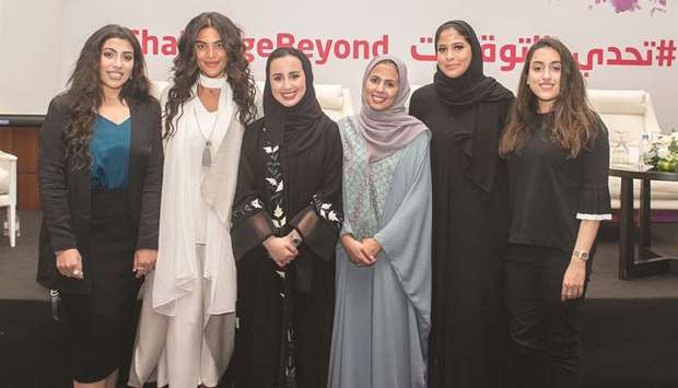 Jawaher Alfardan, Dana al-Anazy, Sheikha Asma al-Thani, Mariam Farid and Nada Mohamed with the panel moderator Noha Issawy during a panel discussion organised by Qatar Olympic Committee to mark International Womenu2019s Day at the Aspire Zone.