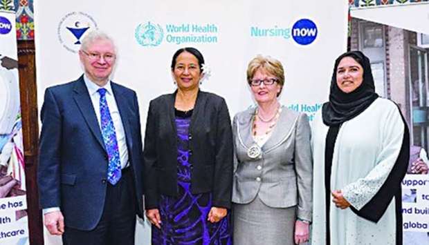 Lord Nigel Crisp, WISH Forum Chair and co-chair of Nursing Now, Elizabeth Iro, chief nursing officer of the World Health Organisation, Annette Kennedy, president of the International Council of Nurses, and Sultana Afdhal, CEO of WISH, at the event.