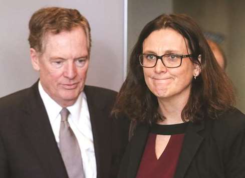US Trade Representative Robert Lighthizer and European Trade Commissioner Cecilia Malmstrom take part in a meeting to discuss steel overcapacity in Brussels. Malmstrom accused the Trump administration of using trade u201cto threaten and intimidateu201d Europeans.
