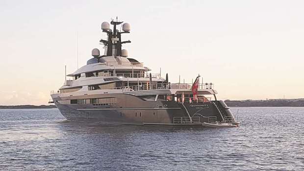 A seized luxury yacht sought by the US Department of Justice (DOJ) as part of a multi-billion dollar corruption investigation is seen off the shore of Banoa, on the resort island of Bali, Indonesia, in this file photo.