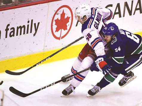 New York Rangersu2019 John Gilmour (left) battles for the puck with Vancouver Canucksu2019 Tyler Motte during the NHL game on Wednesday. (USA TODAY Sports)