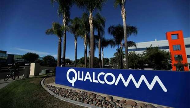 A sign on the Qualcomm campus is seen in San Diego, California.