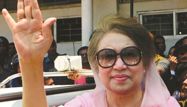 In this file photo, BNP leader Khaleda Zia waves as she leaves after a court appearance in Dhaka.