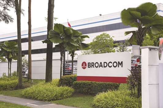 The Broadcom logo is displayed outside the companyu2019s headquarters in Singapore. u201cBroadcom strongly disagrees that its proposed acquisition of Qualcomm raises any national security concerns,u201d it said in a statement in response to Trumpu2019s decision.