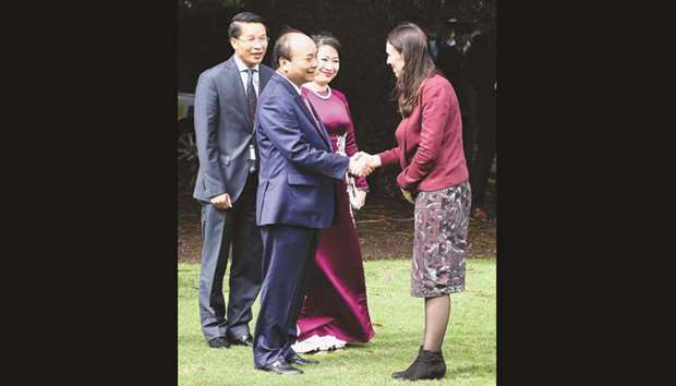 Vietnamu2019s Prime Minister Nguyen Xuan Phuc shakes hands with New Zealand Prime Minister Jacinda Ardern at Government House in Auckland yesterday.