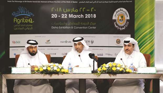 (From left) Yusuf Khalid al-Khulaifi, Sheikh Dr Faleh bin Nasser al-Thani, and Mohamed al-Khouri at the AgriteQ press conference yesterday. PICTURE: Jayaram