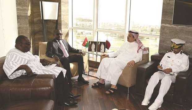 HE the Deputy Prime Minister and Minister of State for Defence Affairs Dr Khalid bin Mohammed al-Attiyah during a meeting with Burkina Faso Defence Minister Jean Claude Bouda and his accompanying delegation.