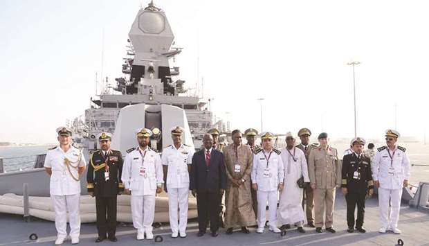 Commander of the Qatar Emiri Naval Force Major General Abdullah bin Hassan al-Sulaiti and other officials at the opening of the exhibition of ships at Hamad Port.