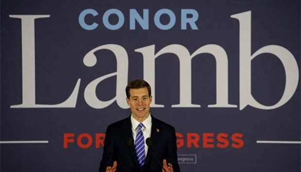 US Democratic congressional candidate Conor Lamb speaks during his election night rally in Pennsylvania's 18th US Congressional district.