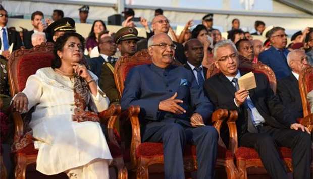 Mauritian President Ameenah Gurib-Fakim (left) is seen with Indian President Ram Nath Kovind (centre) and Mauritian Prime Minister Pravind Jugnauth during the 50th anniversary of independence ceremony in Port Louis on Monday.