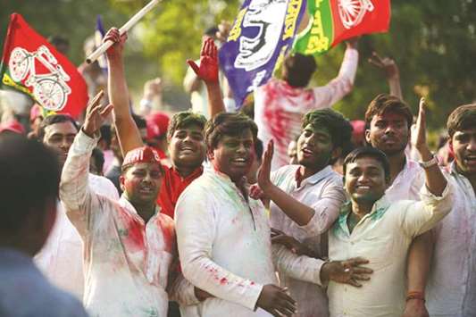 Samajwadi Party workers celebrate their partyu2019s success in Phulpur yesterday.