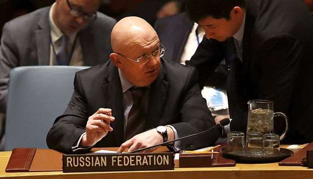 Russian Ambassador to the United Nations (UN) Vassily Nebenzia sits in the security council after the United Kingdom called for an urgent meeting of the UN security council to update council members on the investigation into the recent nerve agent attack in Salisbury, United Kingdom on March 14, 2018 in New York City