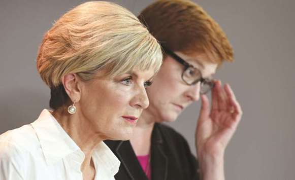 Australiau2019s Foreign Minister Julie Bishop (left) and Defence Minister Marise Payne speak during a press conference after bilateral talks with Indonesiau2019s Foreign Minister Retno Marsudi and Defence Minister Ryamizard Ryacudu in Sydney yesterday.